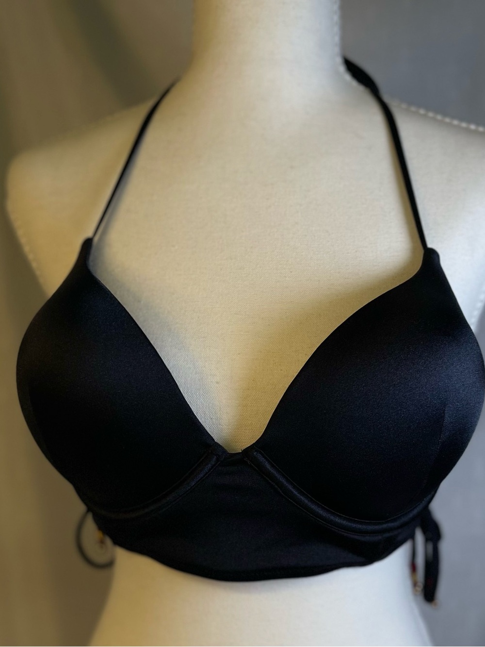 Victoria's Secret Bombshell Halter Swim Top 36B Black Push Up Padded Lace Up